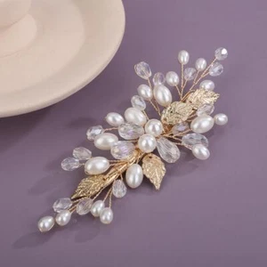 Bride Rhinestone Wedding Hair Clip Bridal Pearl Crystal Hair Barrette Gold Le... - Picture 1 of 4
