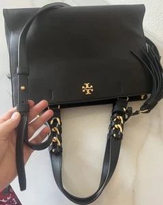 Tory Burch BROOKE Leather Satchel Tote Black $578 - Picture 1 of 23