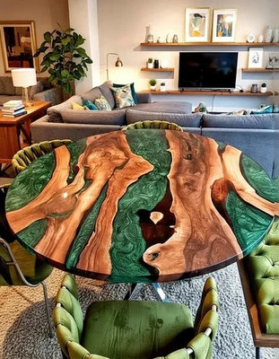 Green River Epoxy Dining Table – Live Edge Custom Wood, Handmade Luxury Decor - Image 1 of 4
