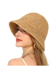 Sombrero cubo de rafia de ganchillo ligero plegable ala ancha sombrero para sol para suma elegante - Imagen 1 de 24