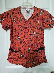 UA Scrubs Scrub Top size S-VIBRANT Floral/Butterfly w/3 pockets-Chest 21"/L 26" - Picture 1 of 4