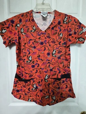 UA Scrubs Scrub Top size S-VIBRANT Floral/Butterfly w/3 pockets-Chest 21"/L 26" - Image 1 of 4