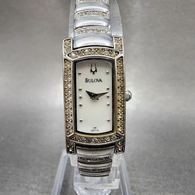 Bulova Tank Watch Women 15mm MOP Dial Silver Tone Crystal Accent 96T13 New Batt - Image 1 of 4