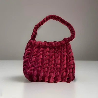 Cartera de Mano Hecha a Mano Gruesa Tejida Terciopelo Chenilla - Rojo Borgoña 13"x10" Foto 1 de 4