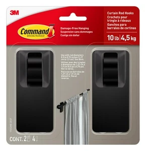 10 lb Matte Black Curtain Rod Hooks, 2 Hooks and 4 Strips, Damage Free Curtai... - Picture 1 of 9