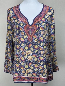 Tolani Gr. M 100% Seide Mehrfarbig V Ausschnitt Langarm Tunika Oberteil Boho Hippie - Bild 1 von 14