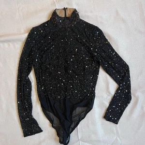 Body vintage anni 70 Oleg Cassini nero con perline manica lunga trasparente - Foto 1 di 7