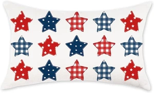 4Th of July Pillow Cover 12X20 Inch Red White Blue America Stars Stripes Plaid P - Picture 1 of 12