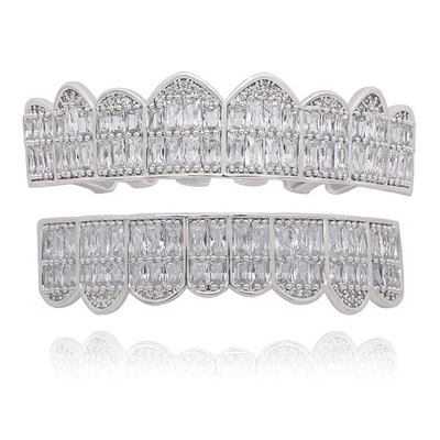 Gold Teeth Grillz Men Women Square Pave CZ 8 Top & Bottom Halloween Cosplay - Image 1 of 4