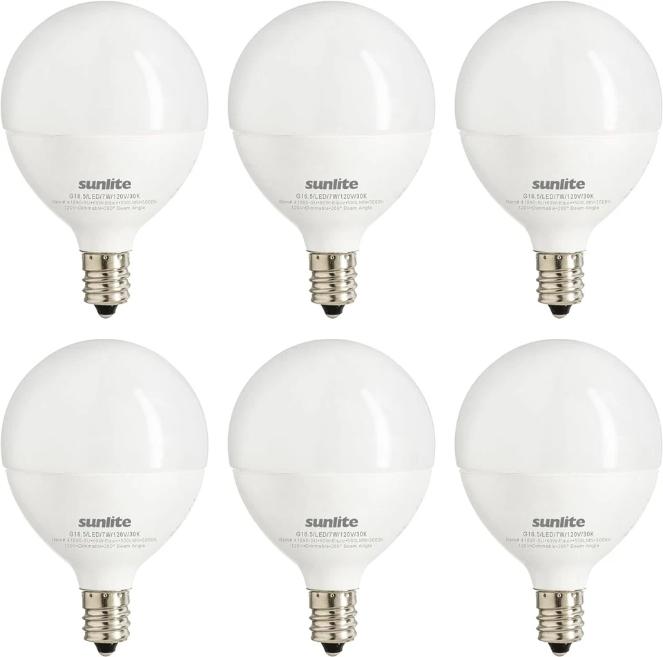 6Pack G16.5 LED Frosted Globe Light Bulb, E12 Candelabra Base, 7W (60W), 3000K - Image 1 of 1