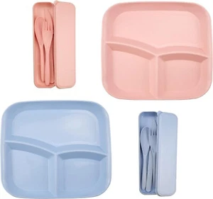 Divided Lunch Plate Bright Color Anti-deformed 3-grids Snack Dinner Knife & Fork - Picture 1 of 11