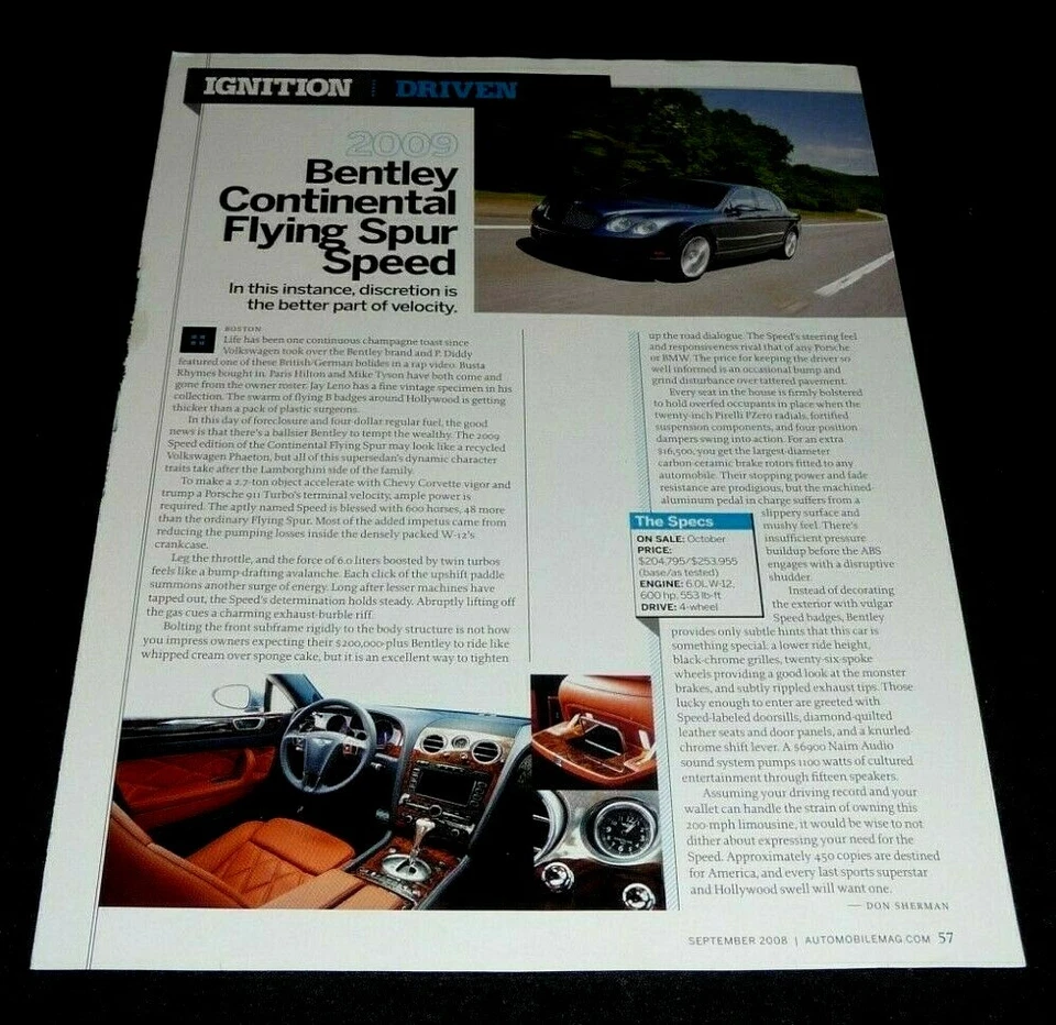BENTLEY CONTINENTAL FLYING SPUR ARTICLE 2009 - AUTOMOBILE 208 - Image 1 of 1
