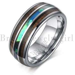 8mm Tungsten Carbide Ring Koa Wood Abalone Wedding Band Ring Men's Jewelry - Picture 1 of 7