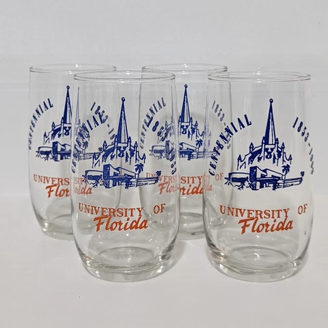 Set Of 4 University of Florida Centennial 1853-1953 Gators Glasses UF Vintage Cover