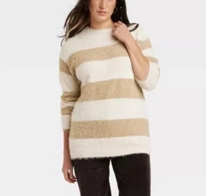 Woman’s Universal Thread Fuzzy Knit Long Sleeve Striped Tunic Sweater Cream XL - Picture 1 of 7