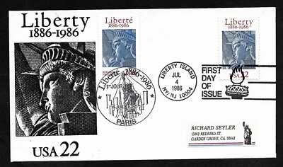 #2224 22c Statue of Liberty -Joint Issue with France #2014- Liberty  FDC (1+1) - Image 1 of 2