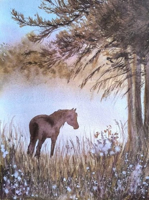 Original Artwork Painting HORSE FOGGY FOREST Modern Landscape Signed Art Gift A4 - Image 1 of 4