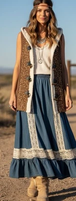 Ponsesa Mujer M Marrón Tejido Nubby Western Toggle Chaleco Suéter con Capucha Gorpcore Foto 1 de 4