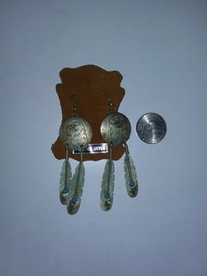 复古纳瓦霍正品纯银和绿松石鹰康乔耳环。 — 第 1/4 张图片