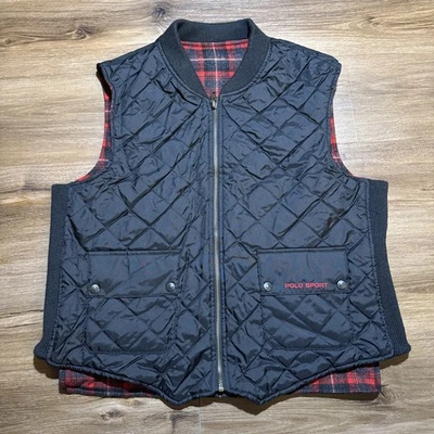 复古 Ralph Lauren Polo Sport 男式大号双面羊毛松饼背心格子红色 — 第 1/4 张图片