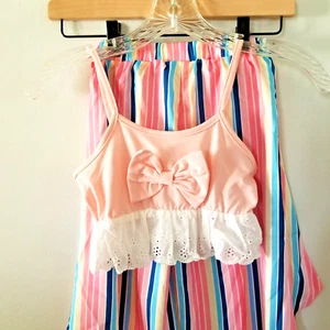 Girls 3 Piece Pink Striped Cotton Candy Children's Gaucho Belted Pants Set6 Yrs. - Picture 1 of 11