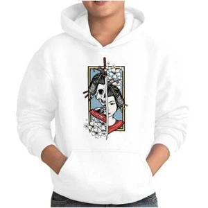 Traditional Geisha Split Face Samurai Sword Youth Hooded Sweatshirt Boy or Girl - Picture 1 of 7