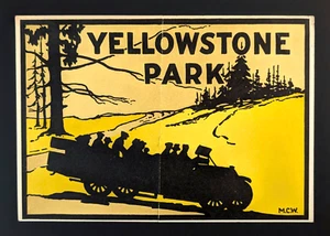 Ilustración de autobús turístico etiqueta equipaje parque Yellowstone años 20 MCW - Imagen 1 de 4