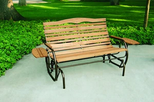 Wood Patio Bench Glider With Trays Outdoor Garden Porch Swing Chair Loveseat - Picture 1 of 6