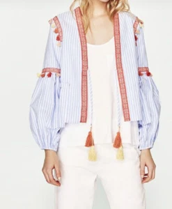 Zara Stripe Blue White kimono jacket Peplum tassels size small Hippy Boho - Picture 1 of 1