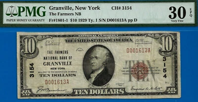 1929 $10 National Bank Granville, New York CH# 3154 PMG 30EPQ top pop 1/0 - Image 1 of 3