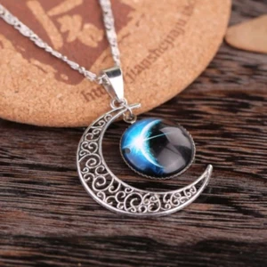 collana donna medaglione portafortuna galassia argento luna da con in mezzaluna - Foto 1 di 6