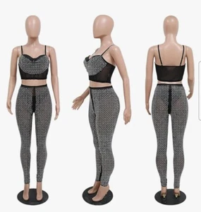 Women's Sexy Sleeveless Rhinestone Mesh See Through Skinny Jumpsuit Romper Club - Picture 1 of 7