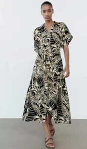Maxi Vestido ZARA Tropical Para Mujer Negro y Dorado Cintura con Cinturón Botones Talla Pequeña - Imagen 1 de 10