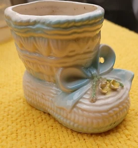 RUBENS Originals Nursery Decor PLANTER Ceramic Baby Boy Bootie w Label Blue Bow - Picture 1 of 11