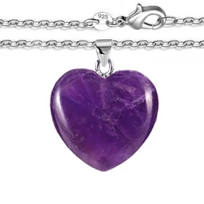 925 Sterling Silver 20" Chain Necklace Natural Amethyst Heart Pendant D996 - Image 1 of 4