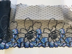 2 Yards Multicolor Floral Embroidered Tulle Trim /Sewing/Crafts/Bridal/7.5" Wide - Picture 1 of 14