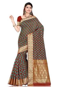 Marrón con verde mar Arte Seda Sari Saree Envoltura de Danza del Vientre - Imagen 1 de 1