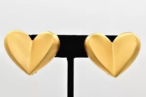 Givenchy Vintage Heart Clip On Earrings Brushed Gold Chunky Signed 1980s BinBK - Picture 1 of 12