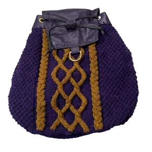 Vintage LB Evans Tweed Backpack Handknit Leather Bag BOHO Hippy Retro Purple - Picture 1 of 14