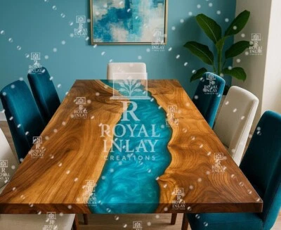 Blue Resin River Dining Table – Live Edge Wood Epoxy Tabletop Luxury Art - Image 1 of 4