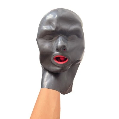 Capucha de látex masculina 3D con mordaza de dientes rojos y tubos nasales máscara de goma fetiche juegos con disfraces Foto 1 de 4
