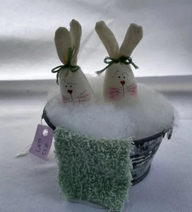Handmade Primitive Bunnies In A Tub Easter Country Farmhouse Decor 4.5”Hx4”D - Picture 1 of 16
