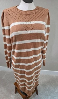 Коричневый и белый в полоску длинным рукавом свитер платье ребристый воротник и манжеты - Изображение 1 из 4