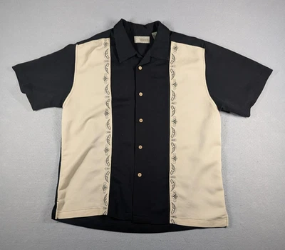 Camisa de Campamento Cubavera Para Hombre Grande Negra Beige Bordada Botón Frontal Dos Tonos Foto 1 de 4