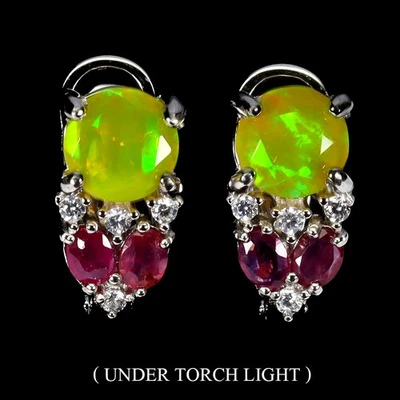 Black Friday 925 Silver Earrings Round Yellow Opal 7mm Ruby Natural Gemstone - Image 1 of 4