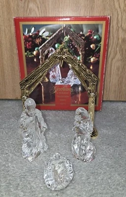 Gorham 3 Pc. Crystal Nativity With 6.25" Tall Brass Manger Creche  - Image 1 of 4