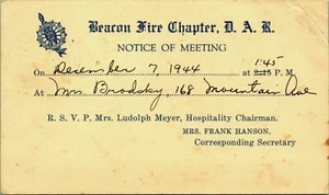 Beacon Fire Chapter DAR Meeting notice Dec 1944 Mrs Riker New Jersey Postcard - Picture 1 of 2