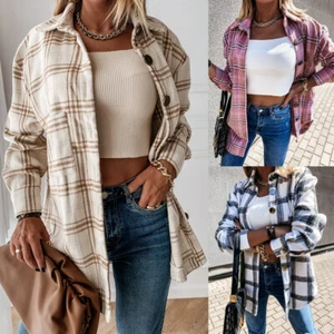 UK Ladies Check Fleece Casual Jacket Shacket Top Shirt Coat Tunic Oversize Baggy - Picture 1 of 17