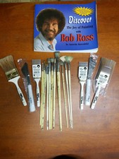 BOB ROSS 15 PAINT BRUSHES AND 2 PAINT KNIVES. NEW & USED. PLUS A BOB ROSS BOOK!!