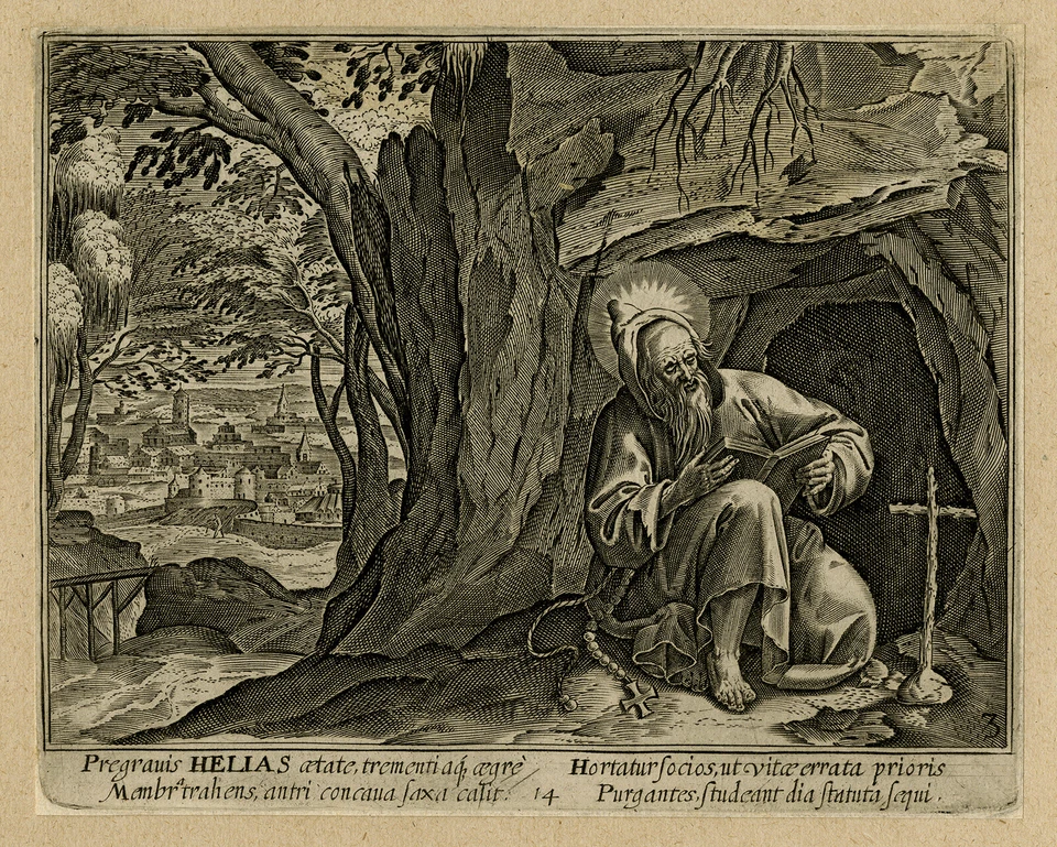 Antique Print-RELIGION-HERMIT-HELIAS-Vos-le Leu-ca. 1610 - Image 1 of 1